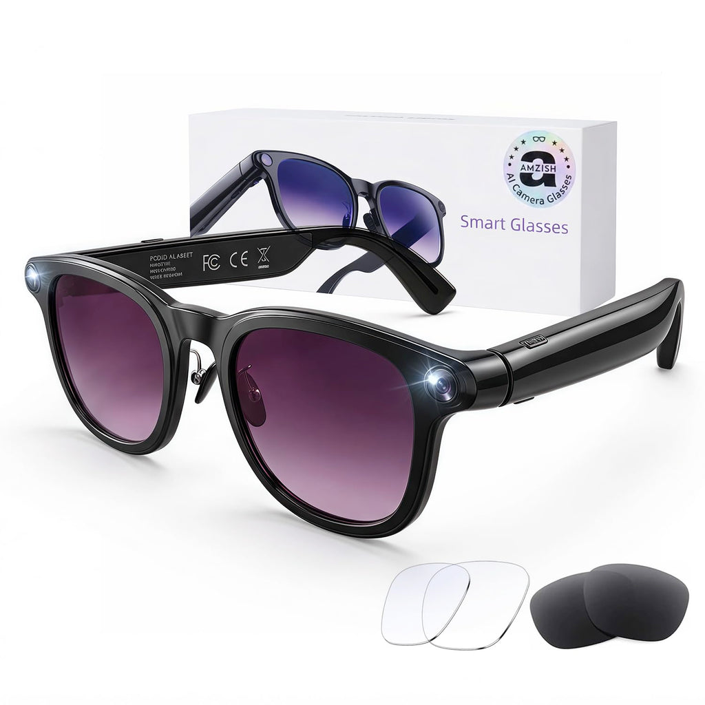 AI Smart Glasses with Camera, 8MP HD Bluetooth Camera Glasses, 1080P Video Recording Sunglasses for Women Men, Real Time Translation, Voice Assistant, Open-Ear Audio for Travel, Work Vlog (3 lenses)