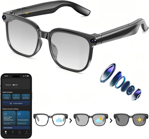 AI Smart Glasses with Camera,8MP Camera Glasses,1080P Anti-Shake Video Recording Glasses, Real Time Translation,AI Voice Assistant,Object Recognition,Bluetooth Sunglasses for Men Women (Photochromic)