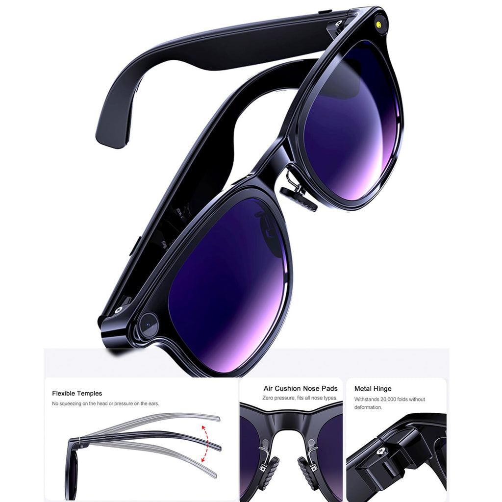 AI Smart Glasses with Camera, 8MP HD Bluetooth Camera Glasses, 1080P Video Recording Sunglasses for Women Men, Real Time Translation, Voice Assistant, Open-Ear Audio for Travel, Work Vlog (3 lenses)
