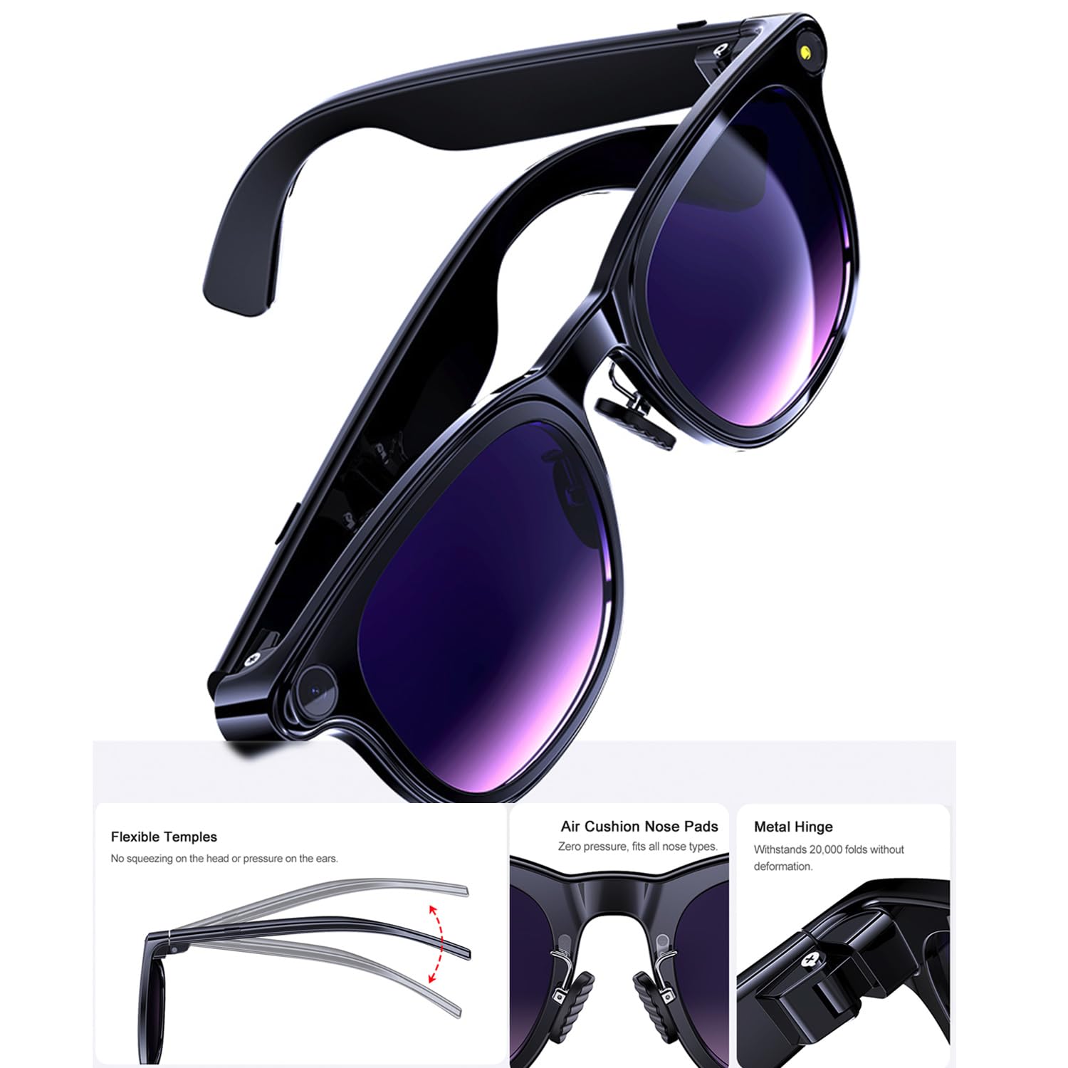 AI Smart Glasses with Camera, 8MP HD Bluetooth Camera Glasses, 1080P Video Recording Sunglasses for Women Men, Real Time Translation, Voice Assistant, Open-Ear Audio for Travel, Work Vlog (3 lenses)