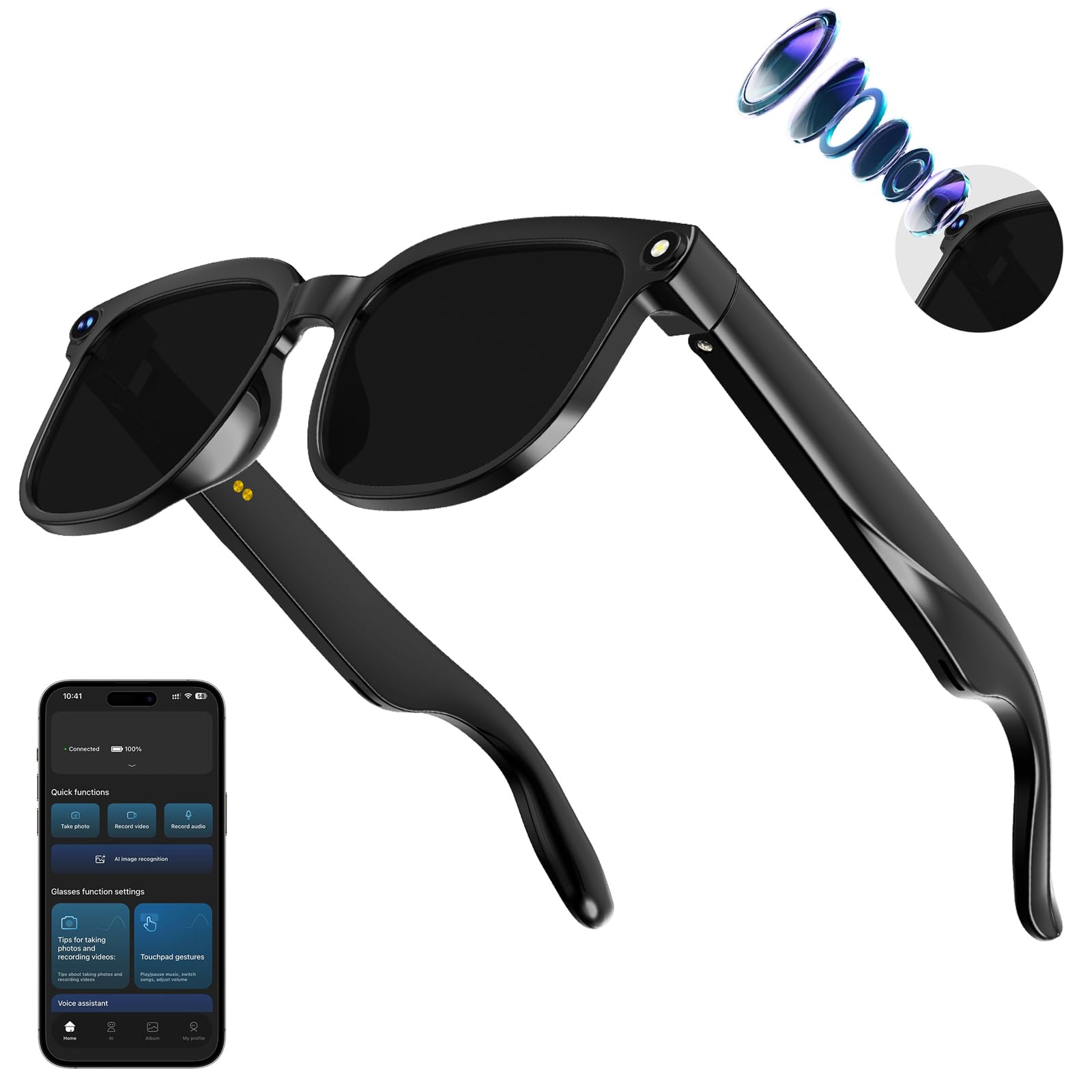 AI Smart Glasses with Camera,8MP Camera Glasses,1080P Anti-Shake Video Recording Glasses, Real Time Translation,AI Voice Assistant,Object Recognition,Bluetooth Sunglasses for Men Women (Photochromic)