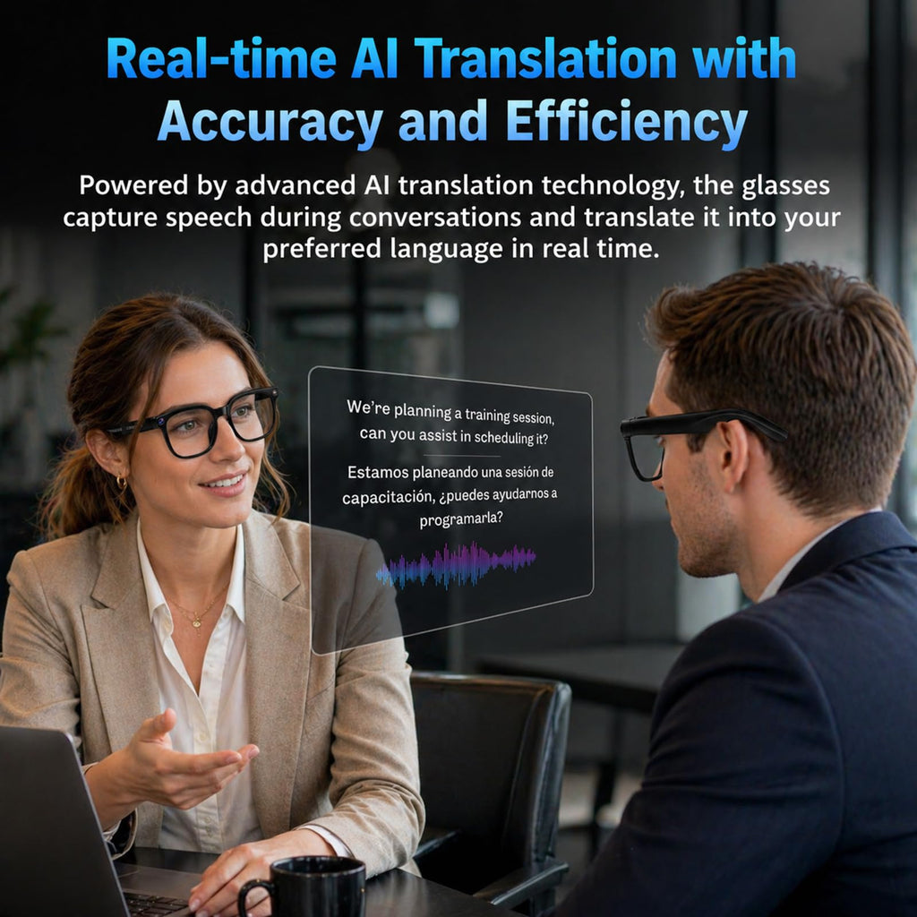 AI Smart Glasses with Camera, 4K HD Video & Photo Capture, Real-Time Translation, Recording Glasses with AI Assistant, Open-Ear Audio, Object Recognition, Bluetooth, for Travel (Transparent Lens)