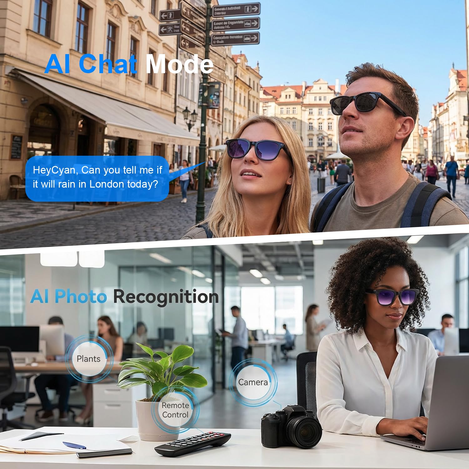 AI Smart Glasses with Camera, 8MP HD Bluetooth Camera Glasses, 1080P Video Recording Sunglasses for Women Men, Real Time Translation, Voice Assistant, Open-Ear Audio for Travel, Work Vlog (3 lenses)