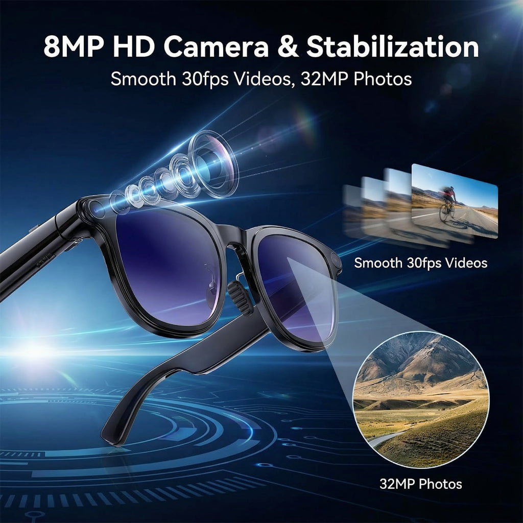 AI Smart Glasses with Camera, 8MP HD Bluetooth Camera Glasses, 1080P Video Recording Sunglasses for Women Men, Real Time Translation, Voice Assistant, Open-Ear Audio for Travel, Work Vlog (3 lenses)