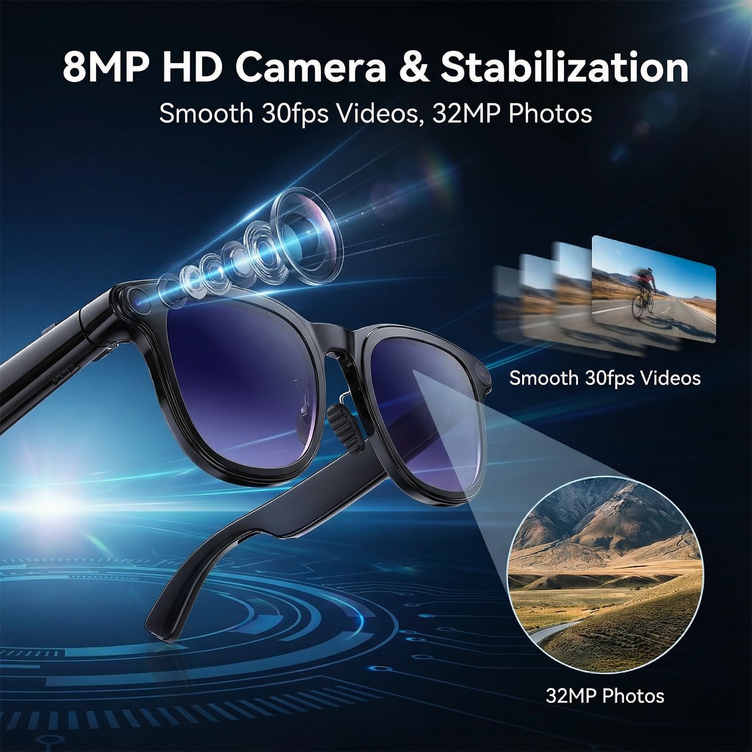 AI Smart Glasses with Camera, 8MP HD Bluetooth Camera Glasses, 1080P Video Recording Sunglasses for Women Men, Real Time Translation, Voice Assistant, Open-Ear Audio for Travel, Work Vlog (3 lenses)
