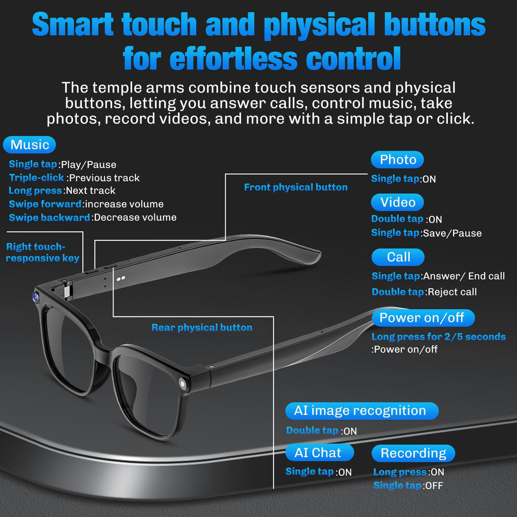 AI Smart Glasses with Camera, 4K HD Video & Photo Capture, Real-Time Translation, Recording Glasses with AI Assistant, Open-Ear Audio, Object Recognition, Bluetooth, for Travel (Transparent Lens)