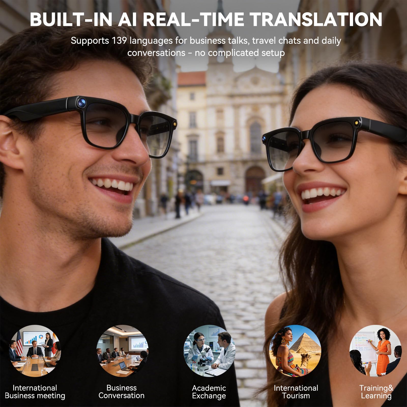 AI Smart Glasses with Camera,8MP Camera Glasses,1080P Anti-Shake Video Recording Glasses, Real Time Translation,AI Voice Assistant,Object Recognition,Bluetooth Sunglasses for Men Women (Photochromic)