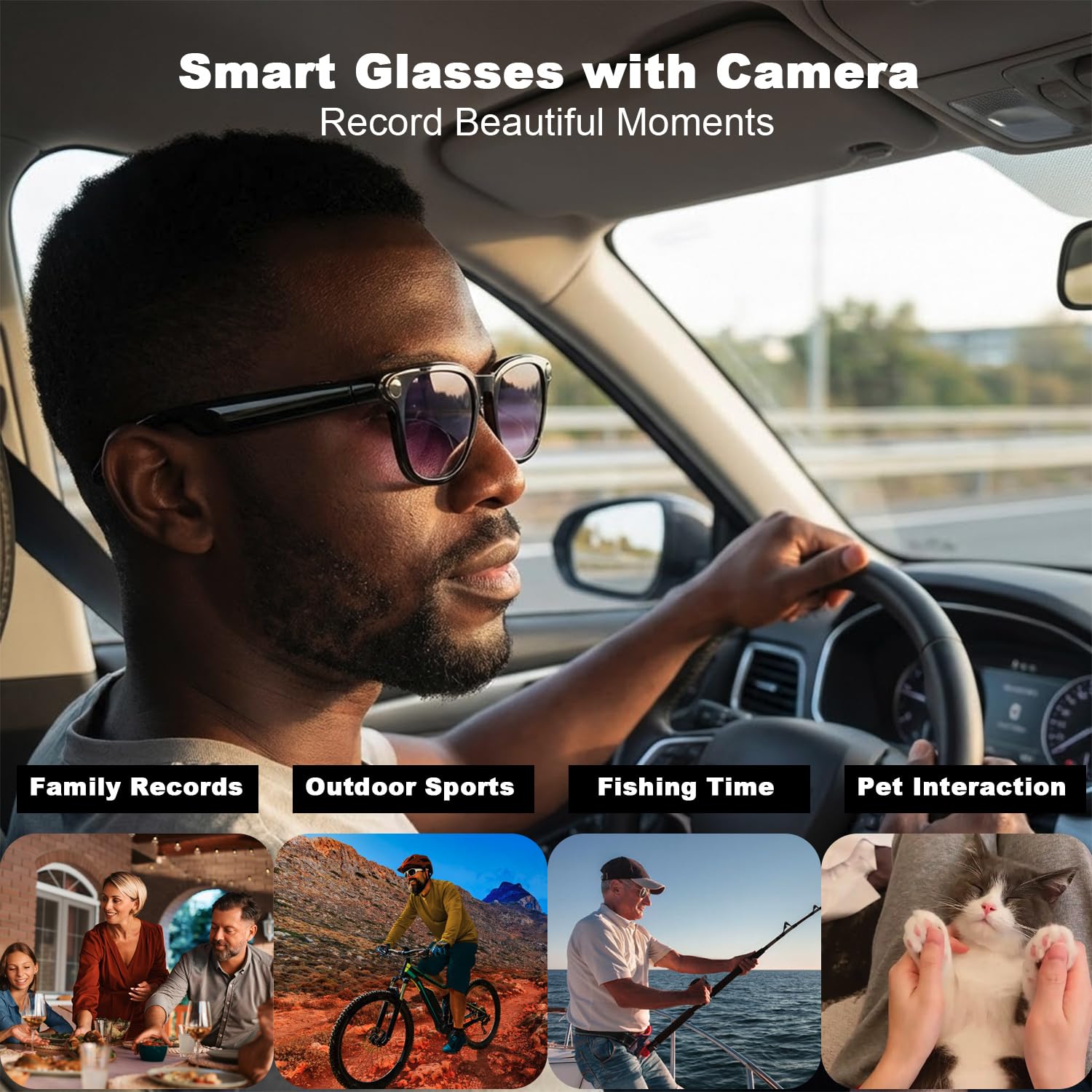AI Smart Glasses with Camera, 8MP HD Bluetooth Camera Glasses, 1080P Video Recording Sunglasses for Women Men, Real Time Translation, Voice Assistant, Open-Ear Audio for Travel, Work Vlog (3 lenses)