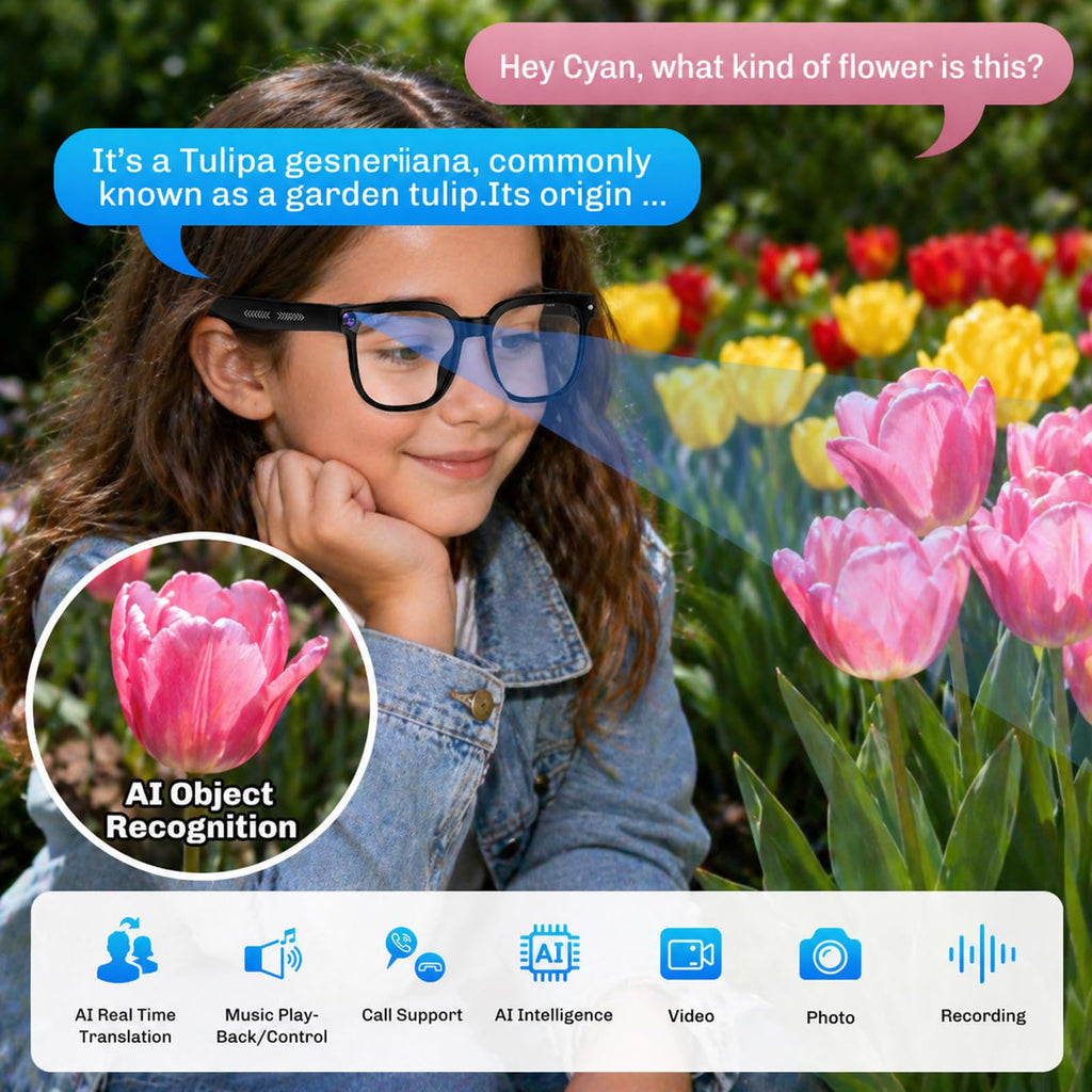 AI Smart Glasses with Camera, 4K HD Video & Photo Capture, Real-Time Translation, Recording Glasses with AI Assistant, Open-Ear Audio, Object Recognition, Bluetooth, for Travel (Transparent Lens)