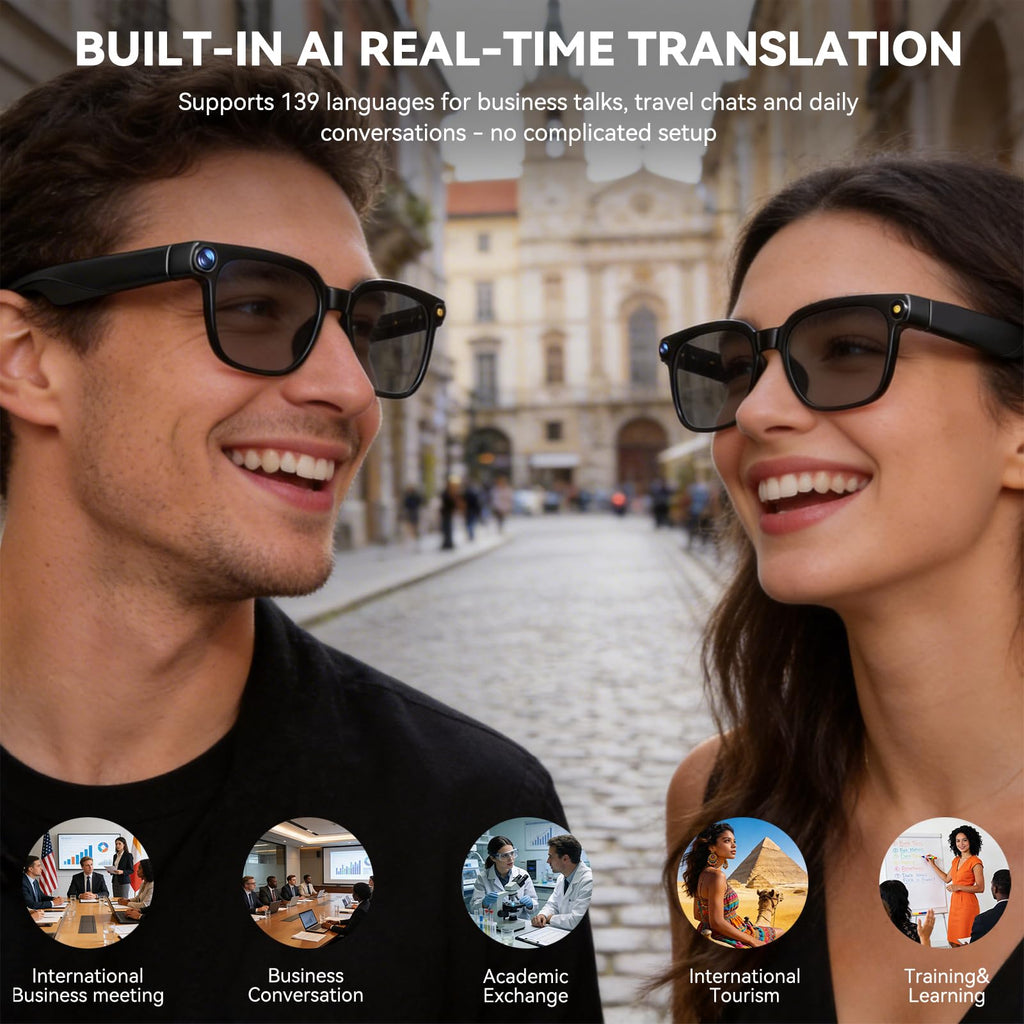 AI Smart Glasses with Camera,8MP Camera Glasses,1080P Anti-Shake Video Recording Glasses, Real Time Translation,AI Voice Assistant,Object Recognition,Bluetooth Sunglasses for Men Women (Photochromic)