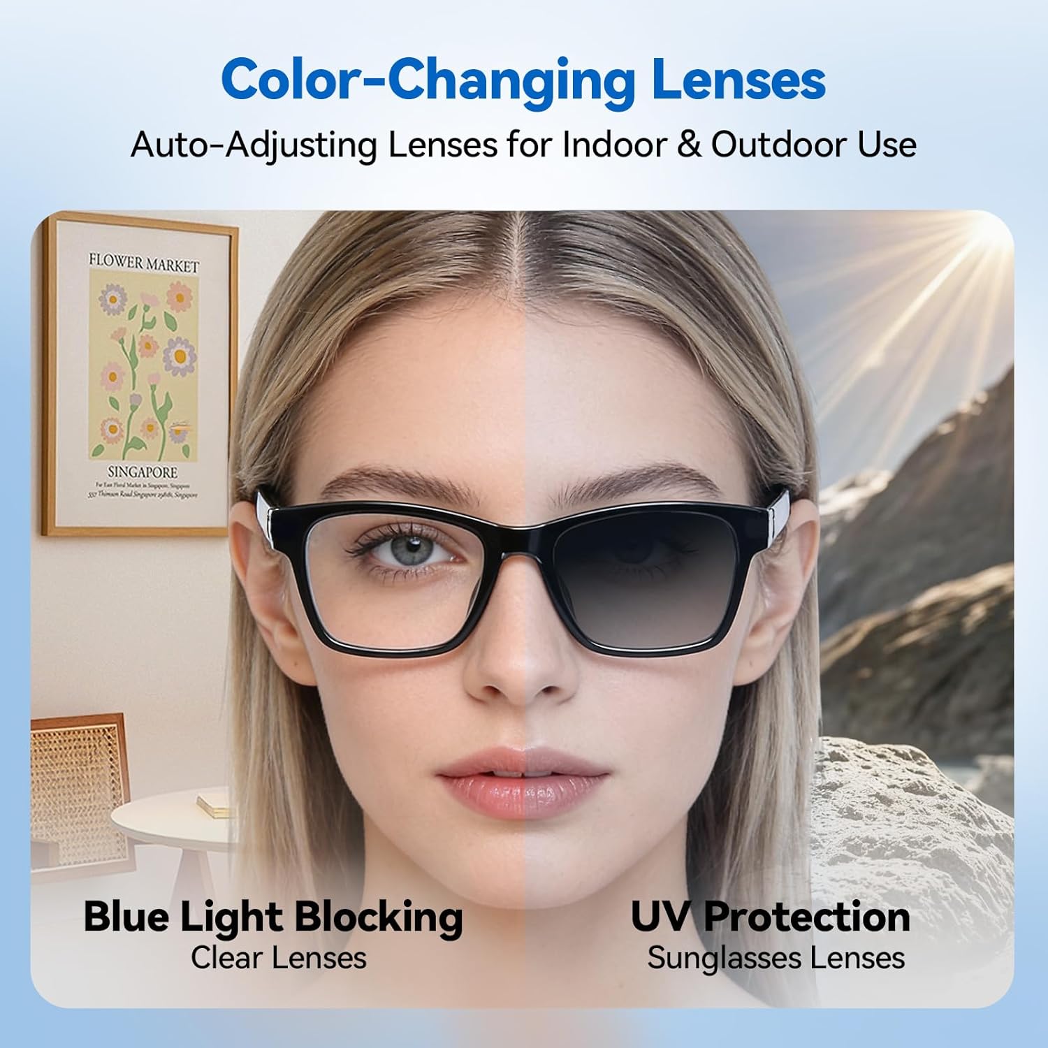 AI Smart Glasses with ChatGPT – Bluetooth, Real-Time Translation, Music & Hands-Free Calls, Photochromic Lenses, UV & Blue Light Protection for Men & Women