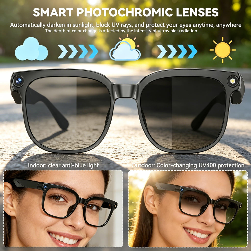 AI Smart Glasses with Camera,8MP Camera Glasses,1080P Anti-Shake Video Recording Glasses, Real Time Translation,AI Voice Assistant,Object Recognition,Bluetooth Sunglasses for Men Women (Photochromic)